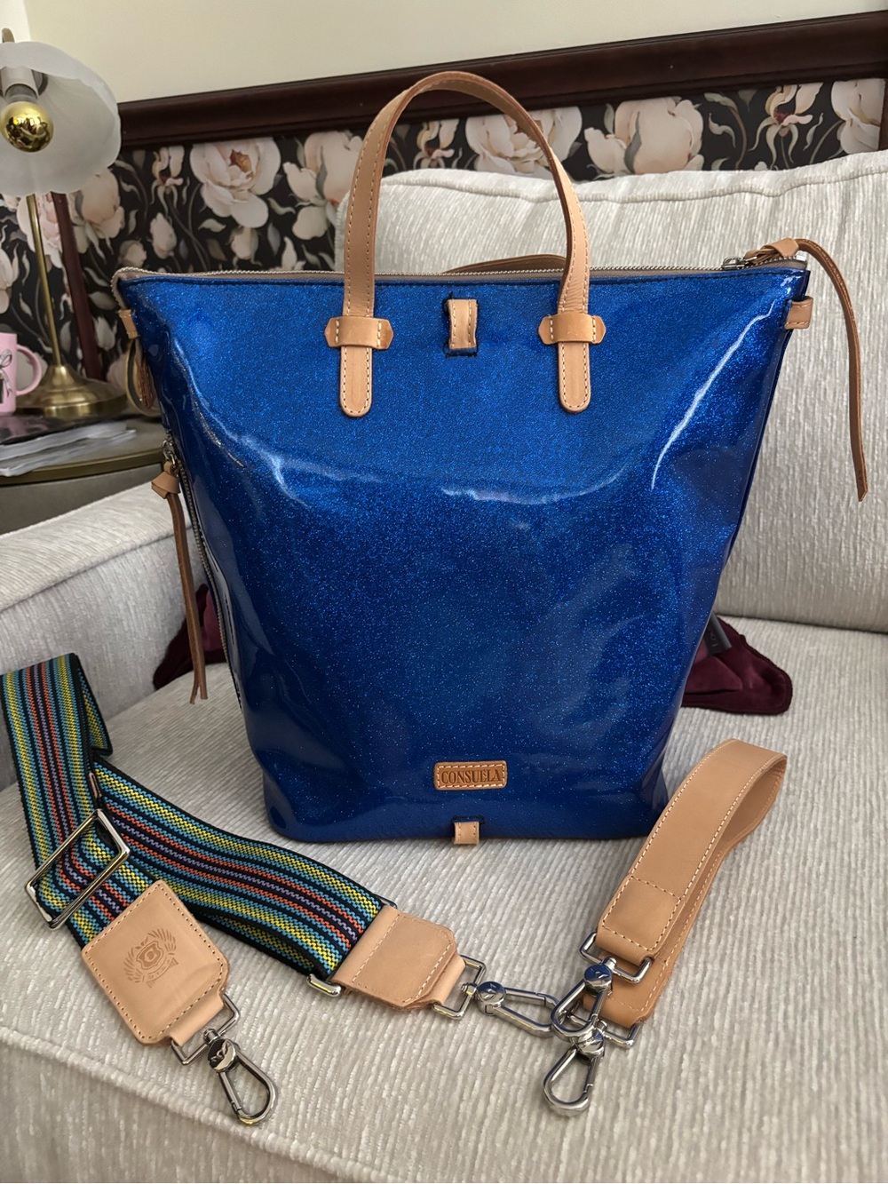 Consuela Liv Sling Bucket Bag Embroidered Blue Pink Zebra Leopard - Picture 2 of 15